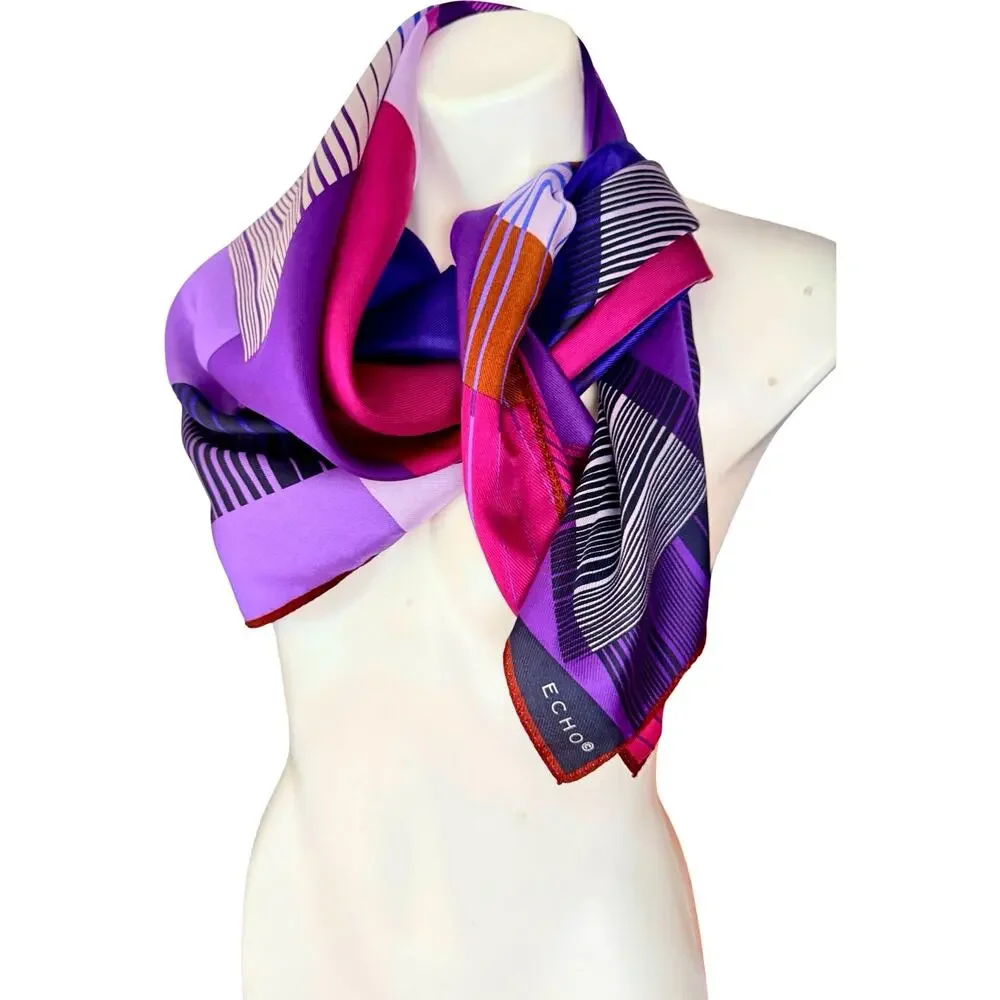 Vintage Echo 1980s Silk Geometric Color Block Abstract Scarf Purple Pink 35 x 35